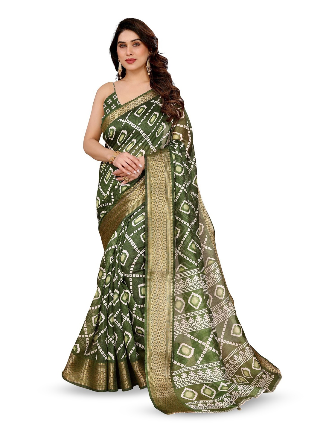 

Moda Rapido Bandhani Zari Saree, Green