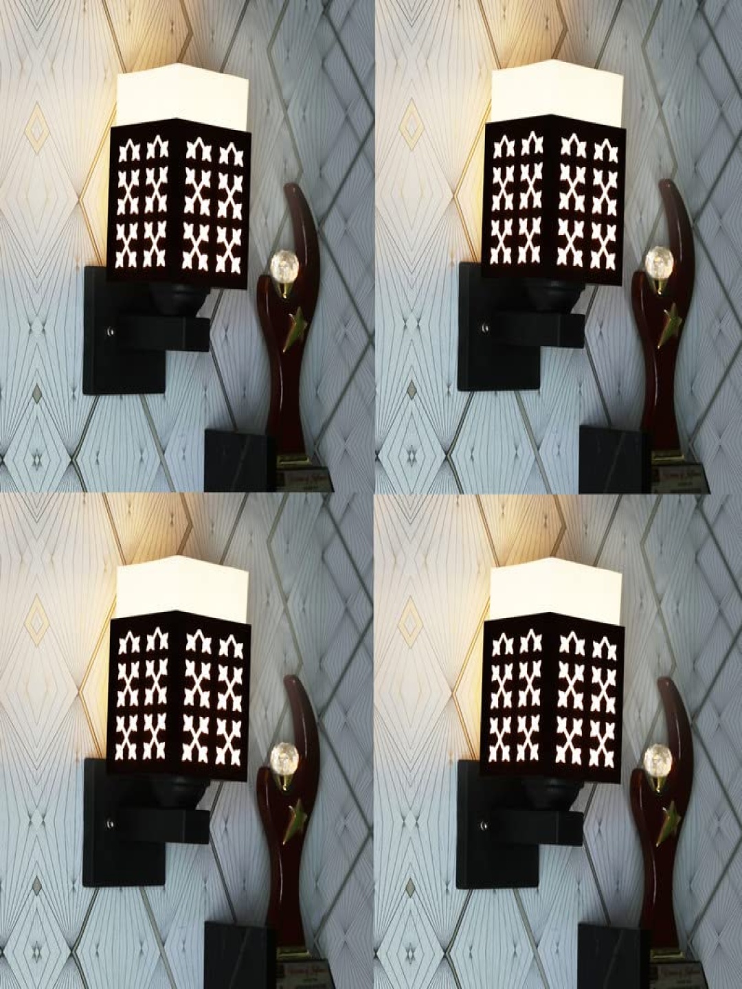 

Gojeeva Black & White 4 Pieces Textured Wooden Rectangle Shaped Wall Lamps