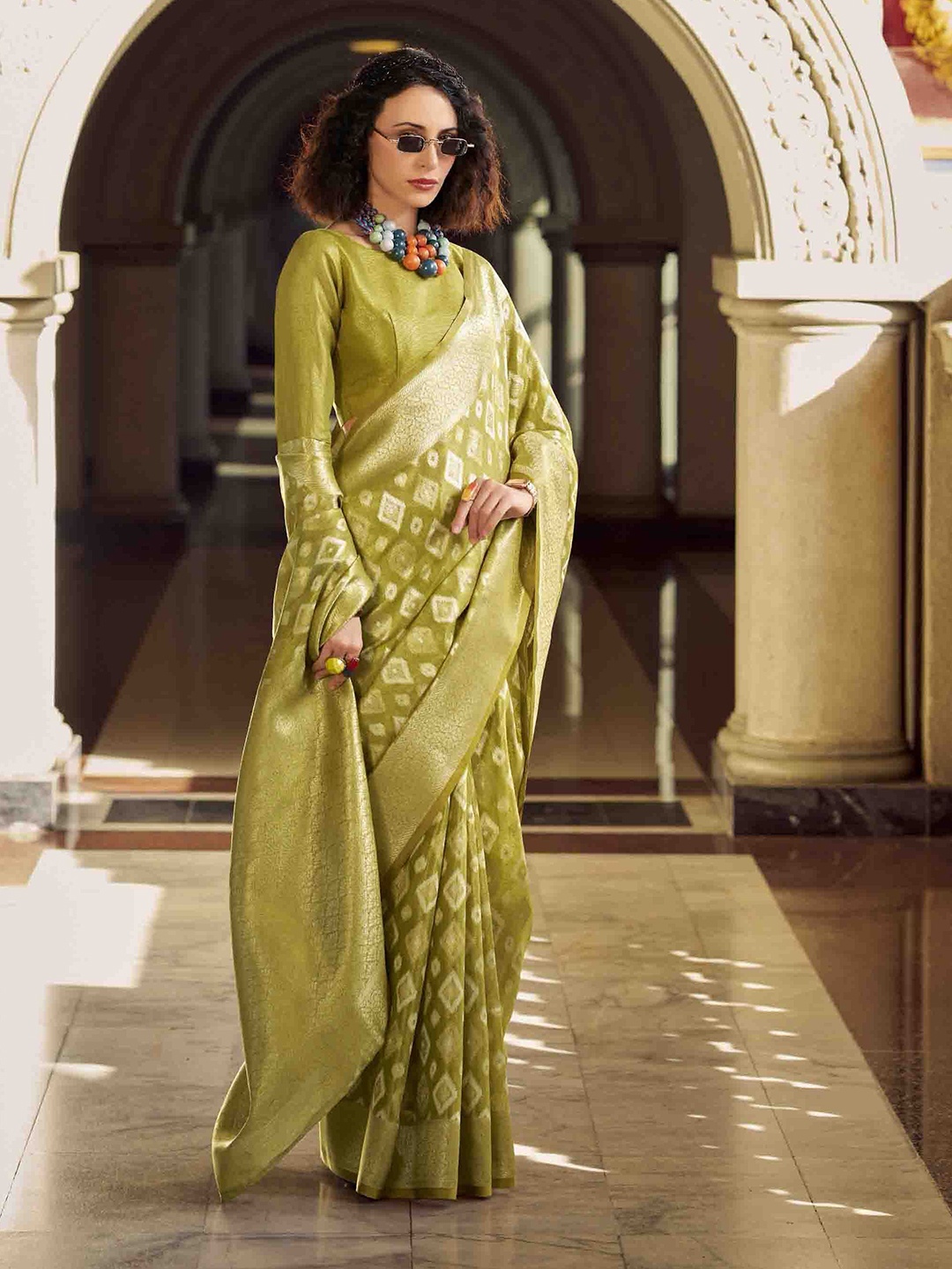 

Mitera Woven Design Zari Tissue Ikat Saree, Lime green