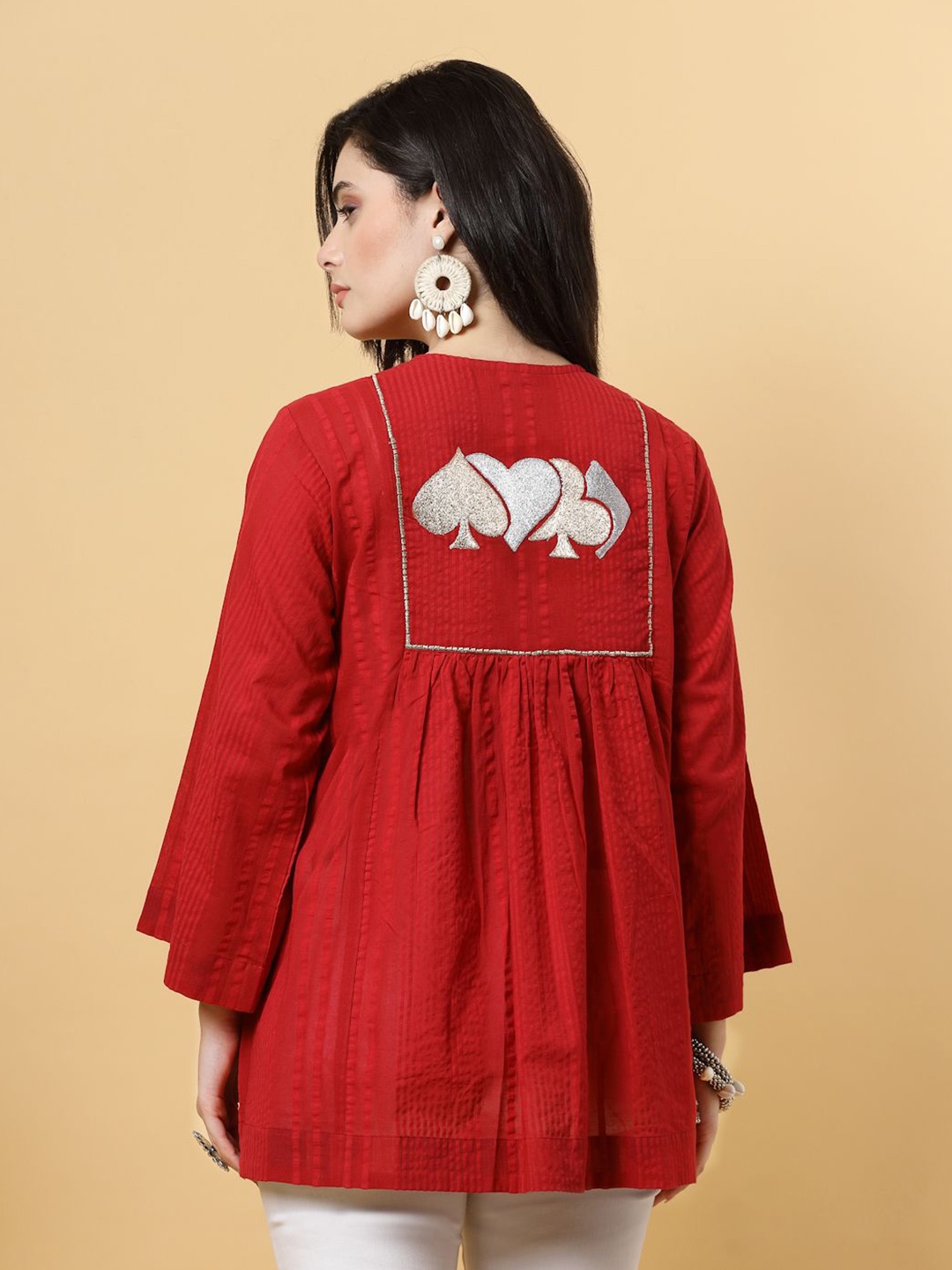

JAPER KURTI Tie-Up Cotton Poker Cards Embroidered Shrug, Maroon