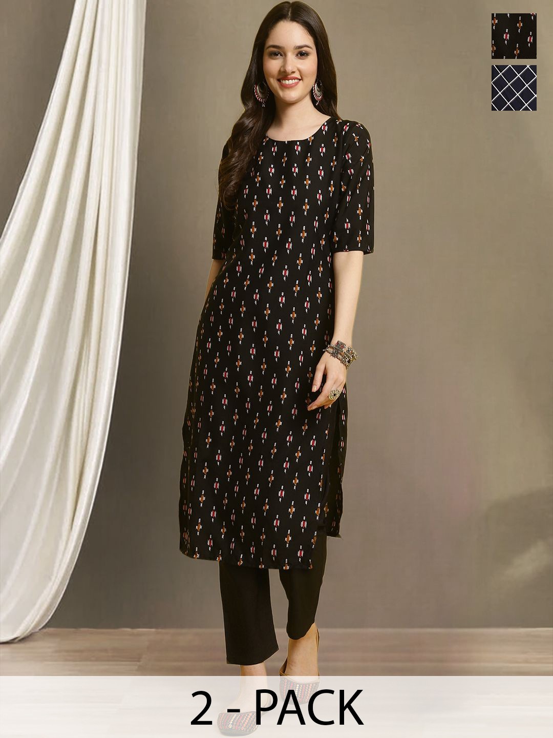 

Moda Rapido Selection Of 2 Floral Printed Straight Kurta With Trousers, Black
