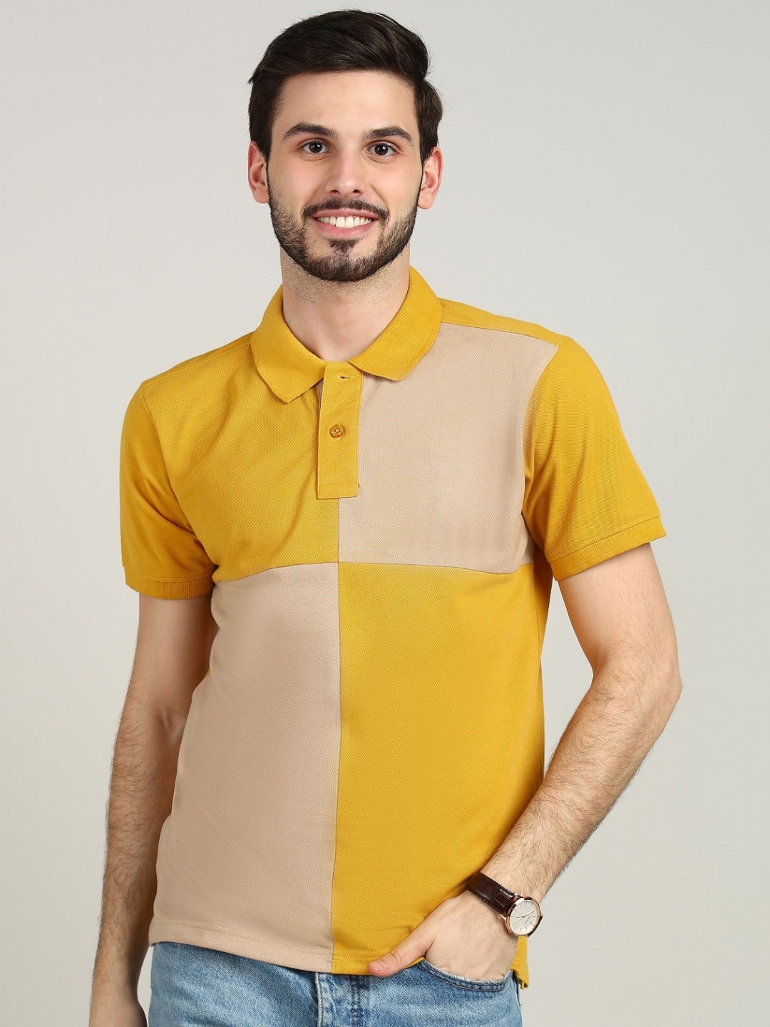 

XFOX Men Colourblocked Polo Collar T-shirt, Mustard