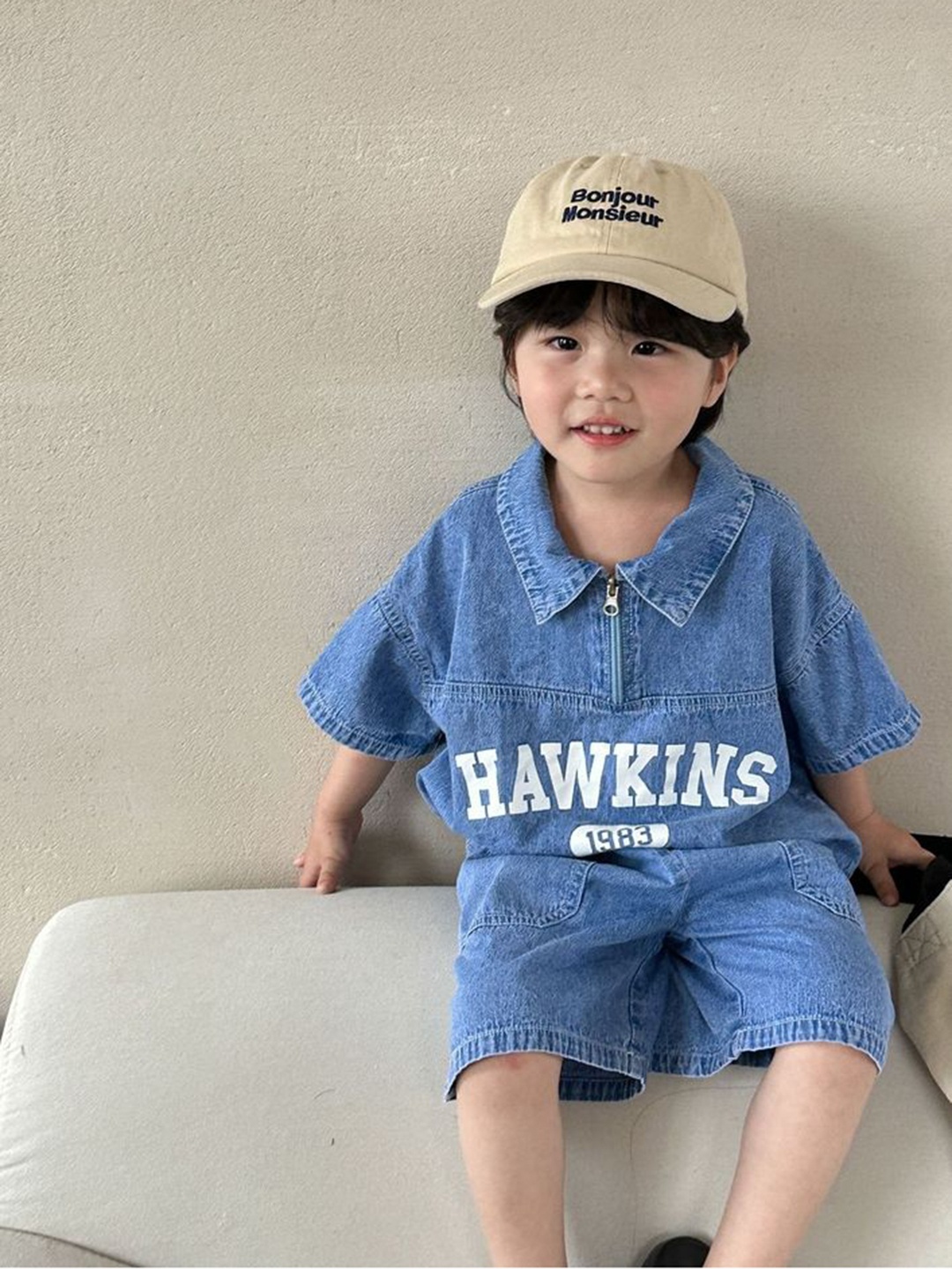 

LULU & SKY Boys Typography Printed Shirt Collar Denim T-shirt With Shorts, Blue