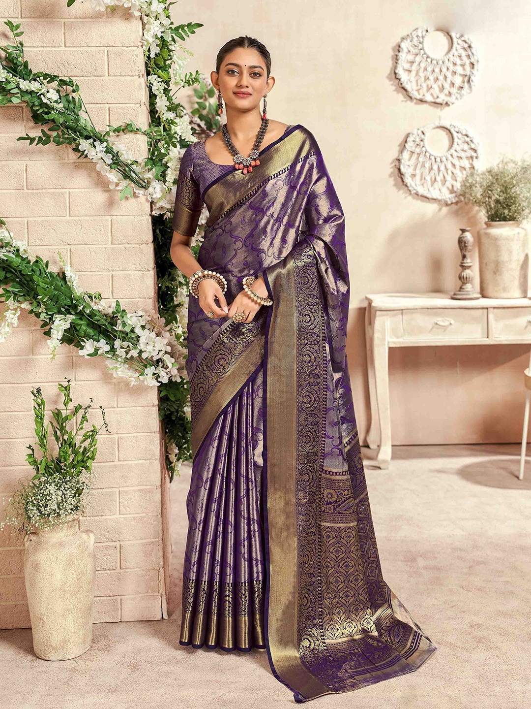 

Mitera Woven Design Zari Silk Blend Dharmavaram Saree, Purple