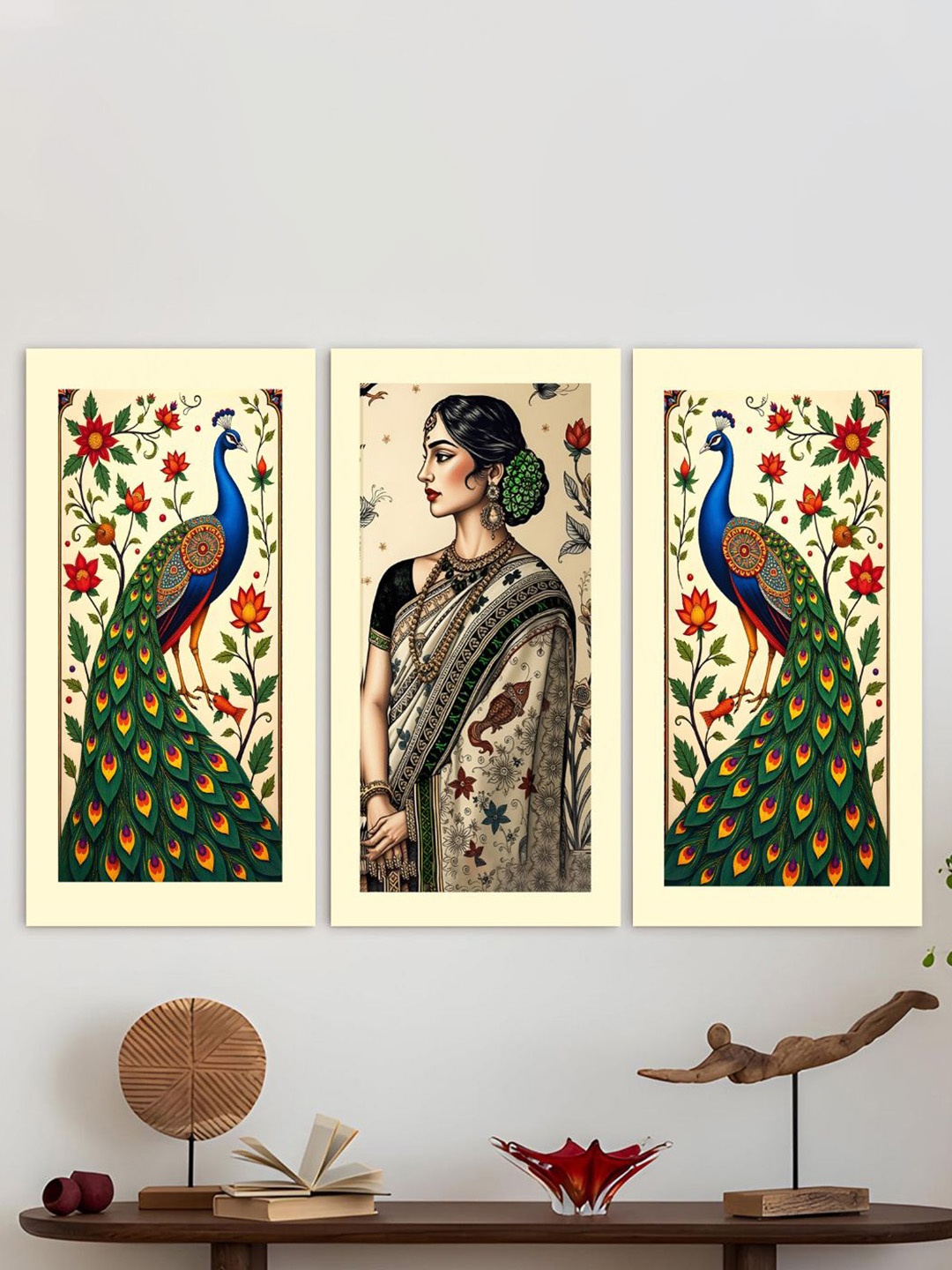 

CVANU Beige & Green 3 Pieces Madhubani Paintings Birds & Animals Canvas Wall Art