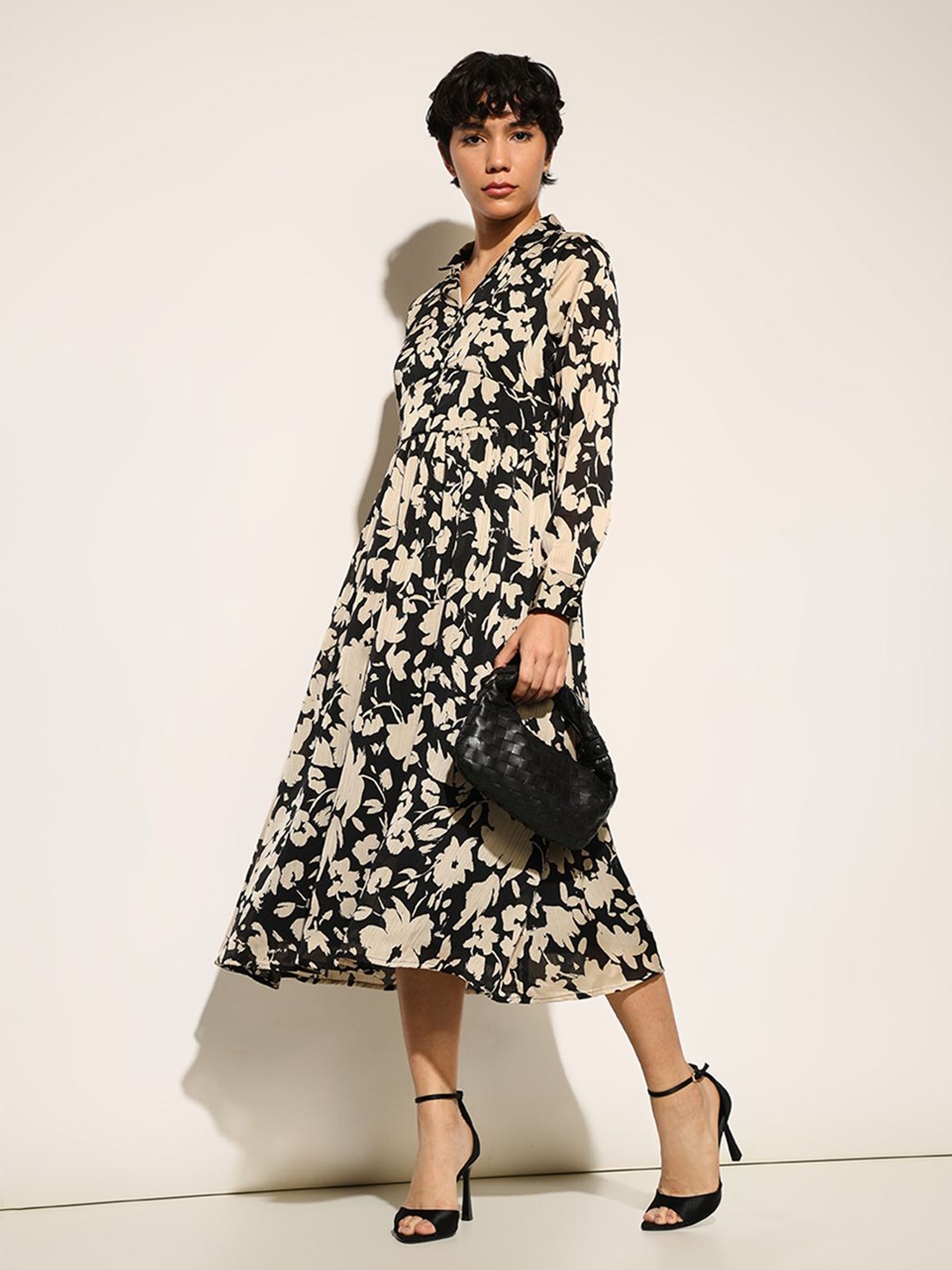 

ONLY Floral Print Chiffon Fit & Flare Midi Dress, Black