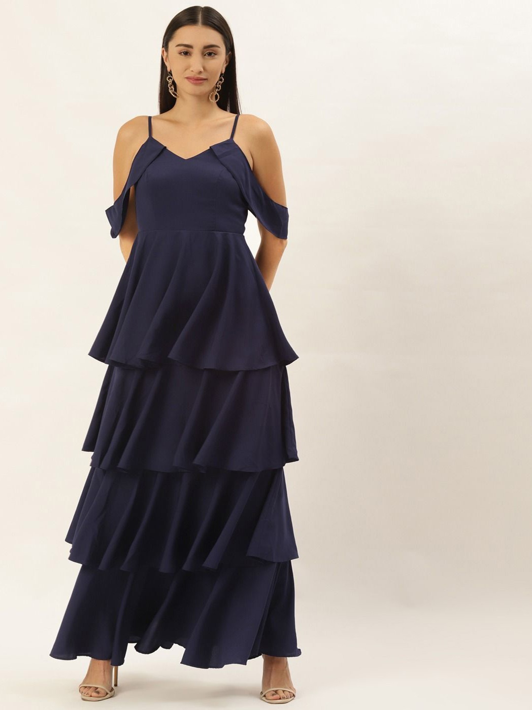 

Berrylush Cold-Shoulder Layered A-Line Maxi Dress, Navy blue