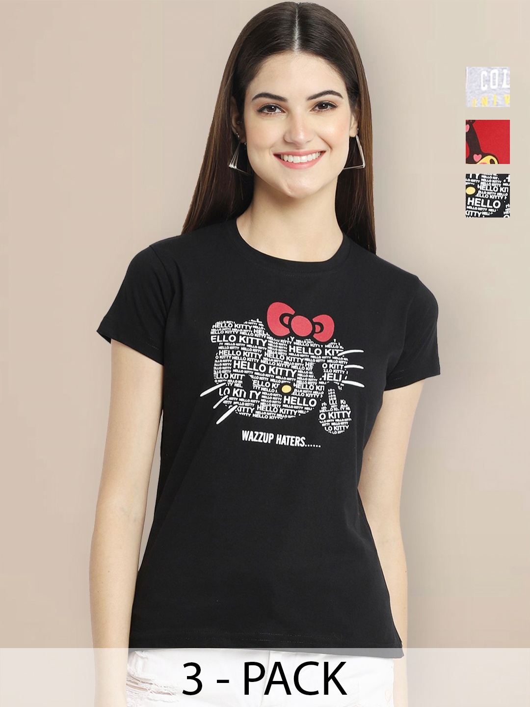 

Metronaut Women Pack of 3 Typography Printed Round Neck Cotton T-shirts, Black