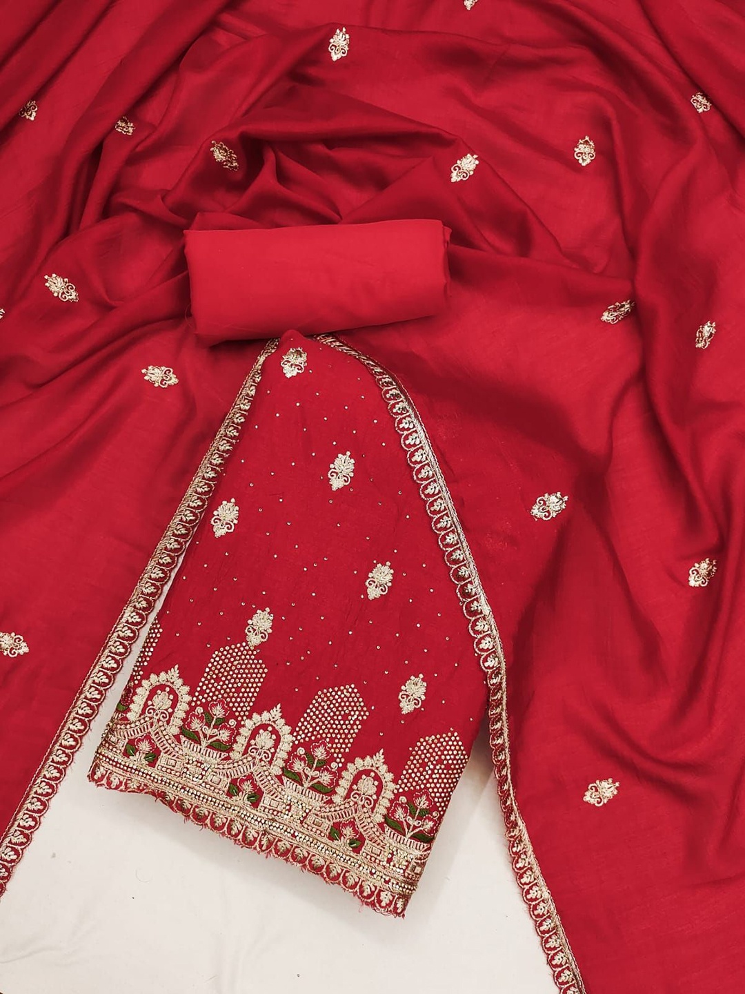 

Rangtulika Embroidered Sequinned Unstitched Dress Material, Red