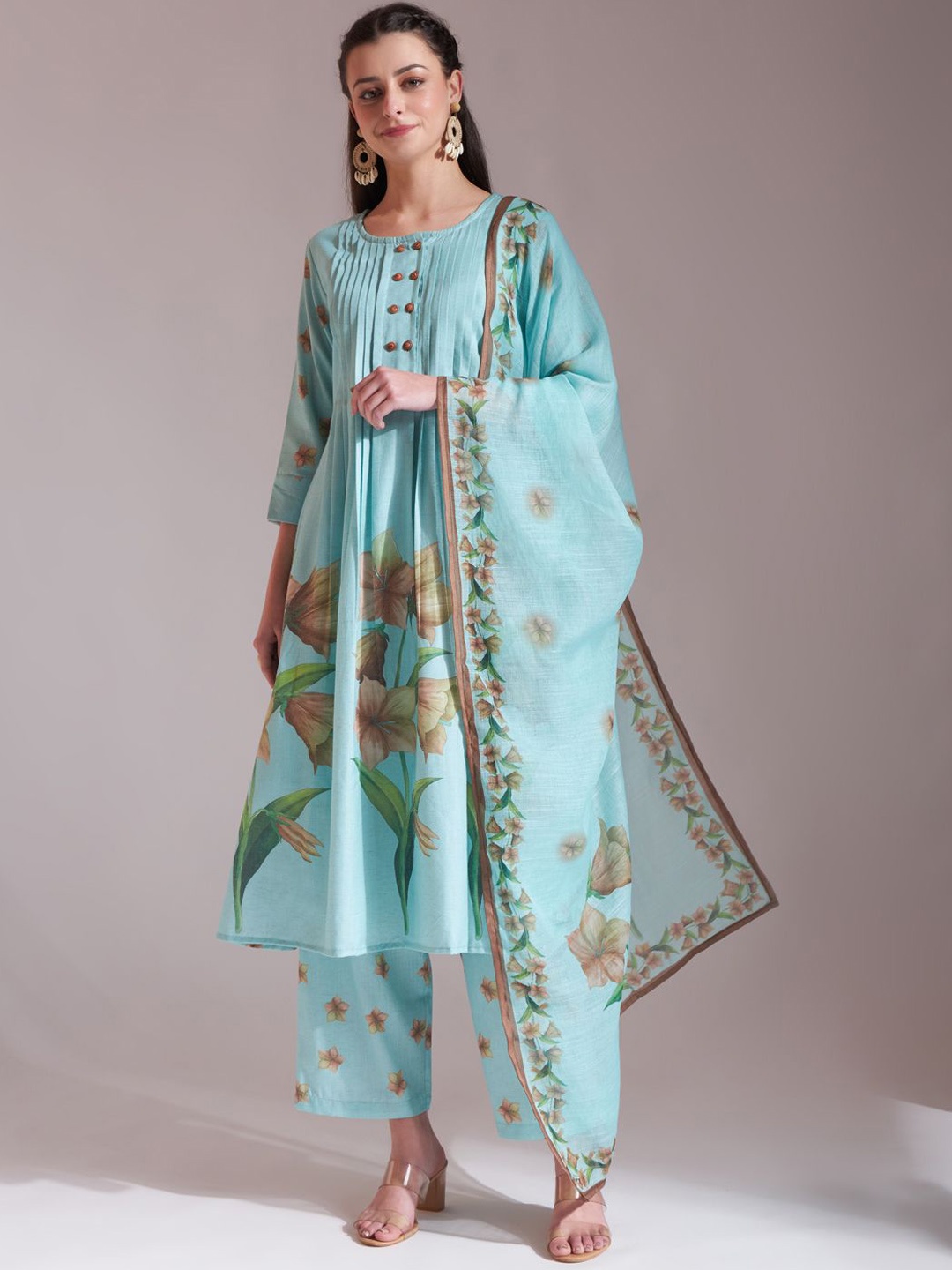 

Yufta Women Floral Printed Pleated Linen Kurta with Trousers & With Dupatta, Sea green