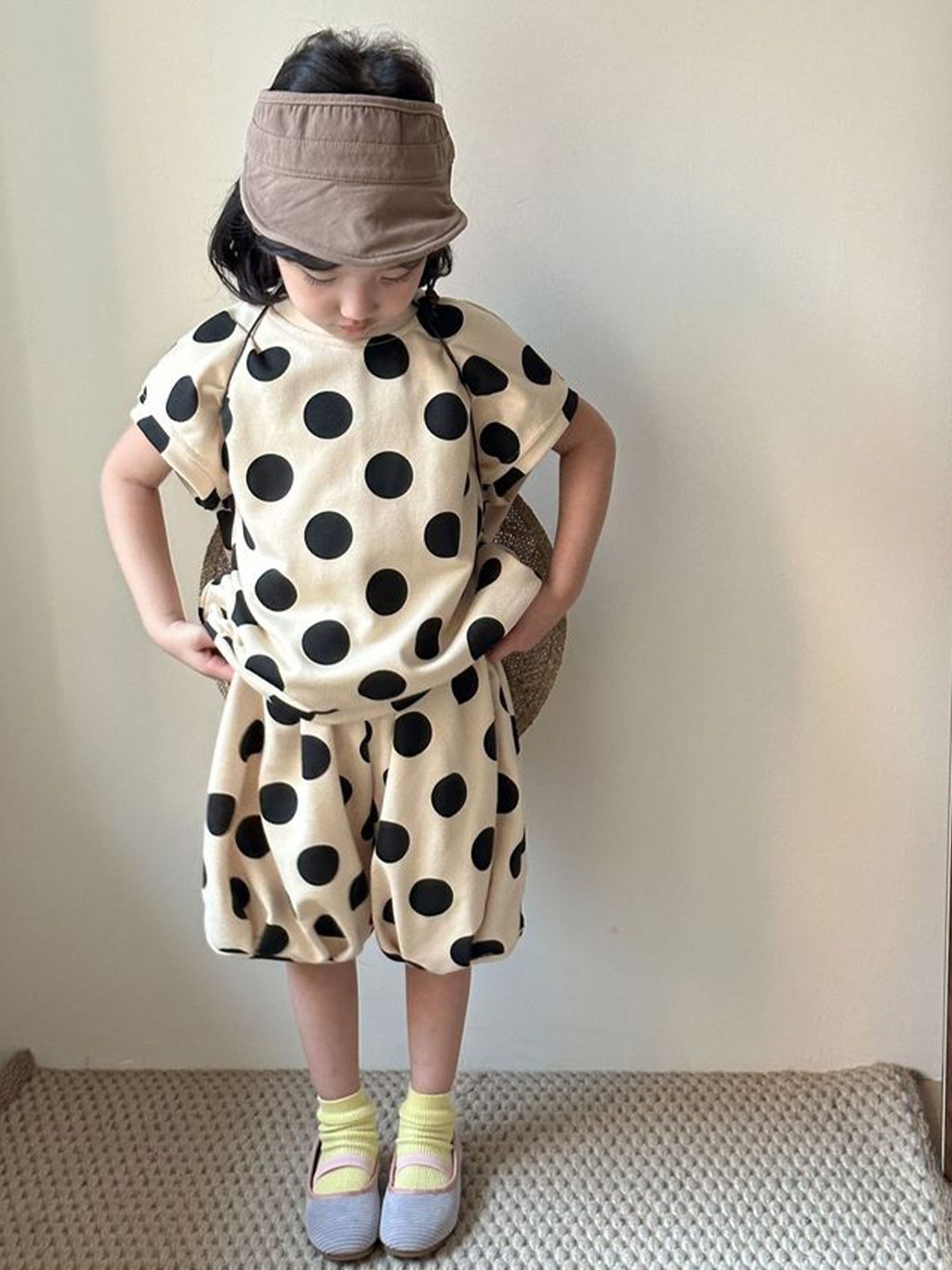 

LULU & SKY Kids Polka Dots Printed T-shirt Wth Shorts, Beige