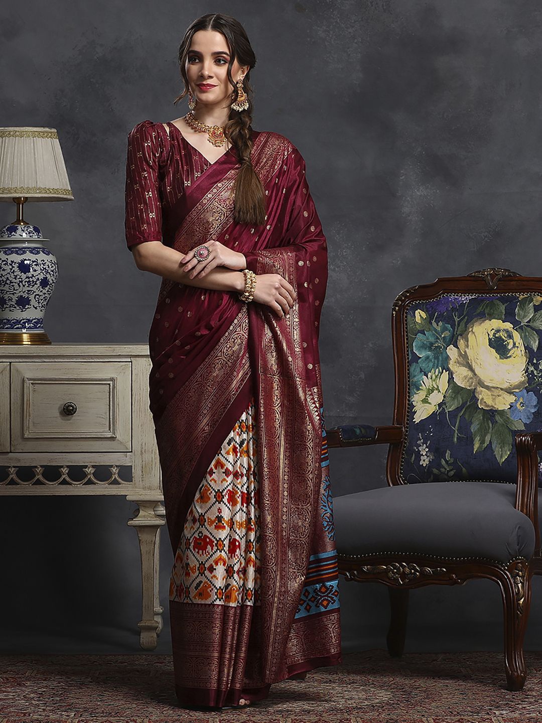 

Anouk Rustic Zari Silk Blend Ikat Saree, Maroon