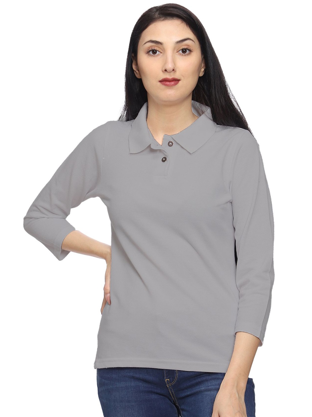 

ROARERS Women Polo Collar Extended Sleeves T-shirt, Grey