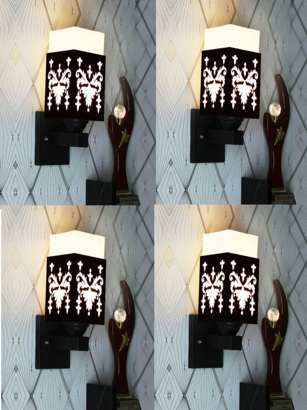

Gojeeva Black & White 4 Pieces Textured Wooden Rectangle Shaped Wall Lamps