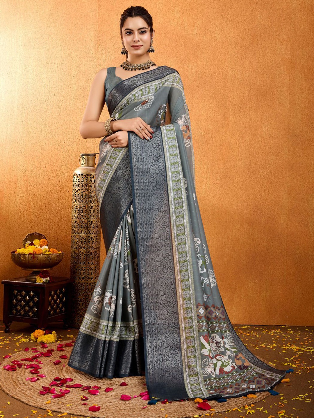 

Meena Bazaar Floral Zari Art Silk Saree, Grey
