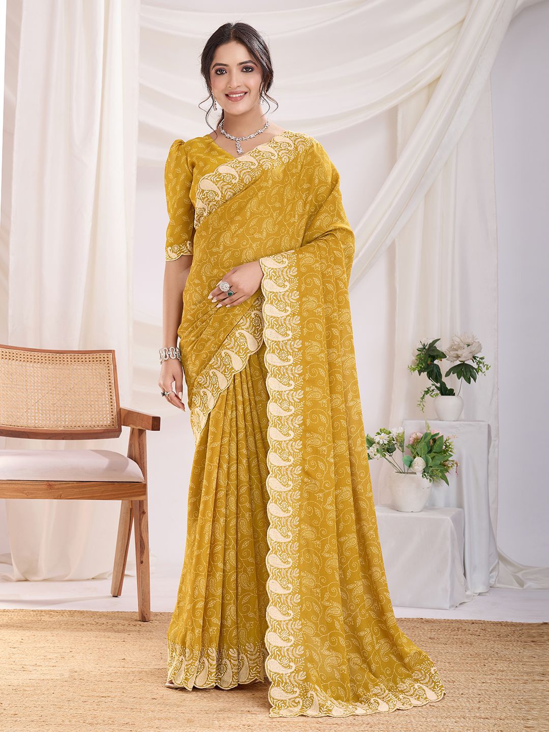 

Ishin Floral Embroidered Poly Georgette Saree, Yellow