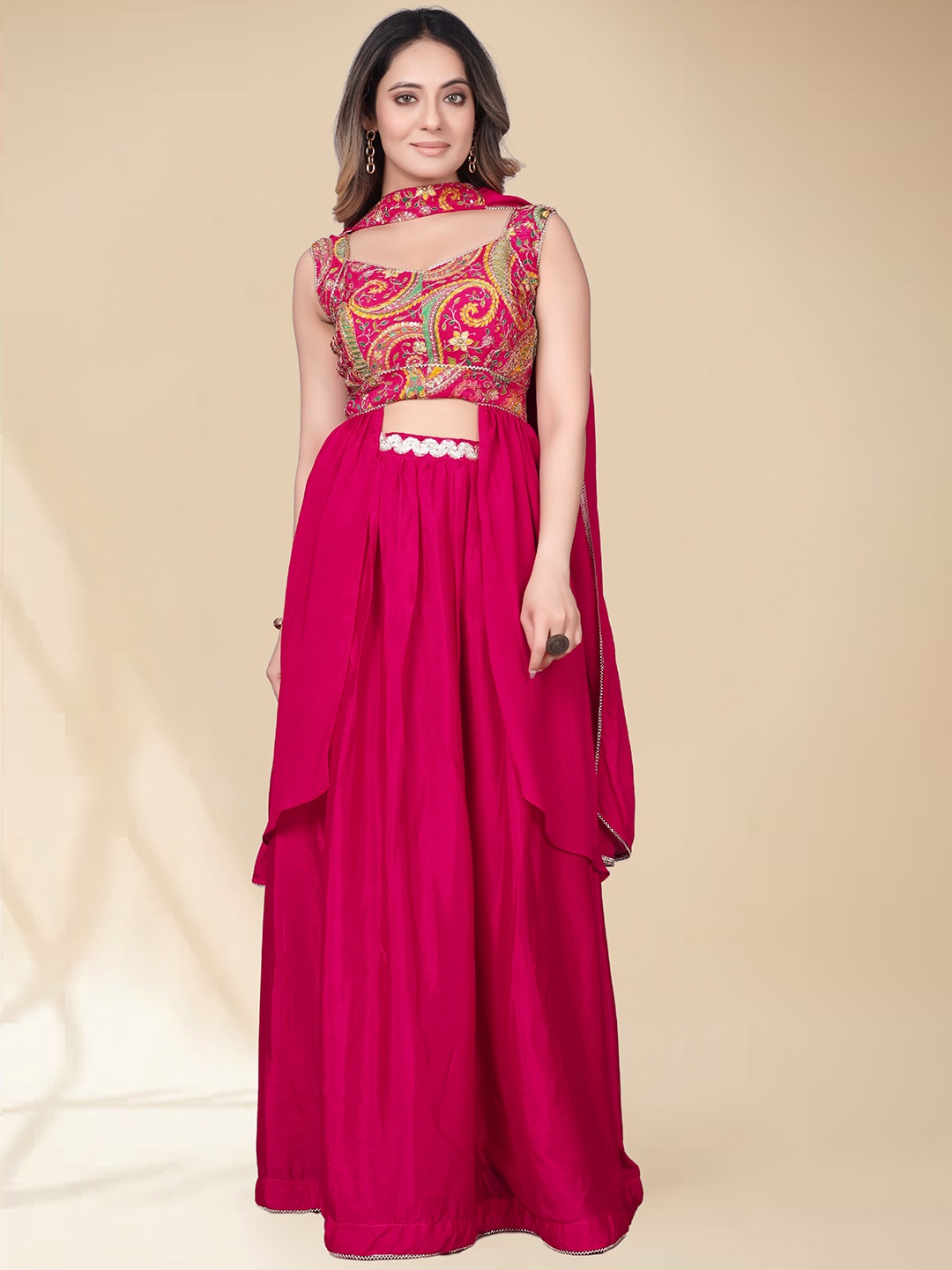 

Raave Floral Embroidered Sweetheart Neck Silk Georgette Crop Top With Palazzos And dupatta, Pink