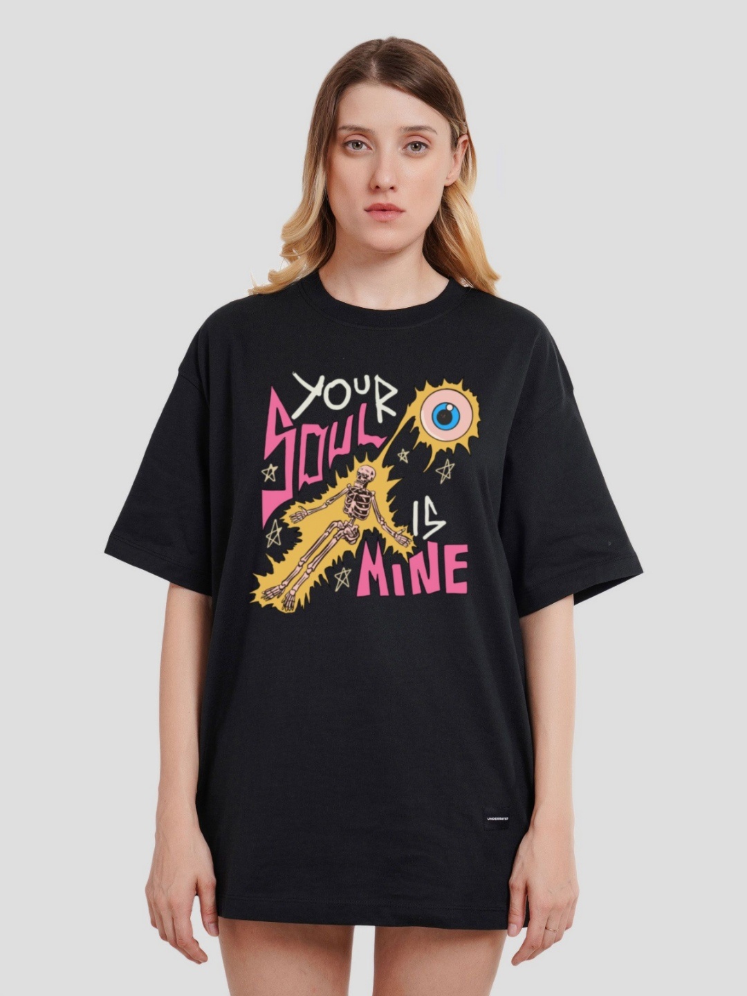 

Underrated Club Women Printed Extended Sleeves Bio Finish Applique T-shirt, Black