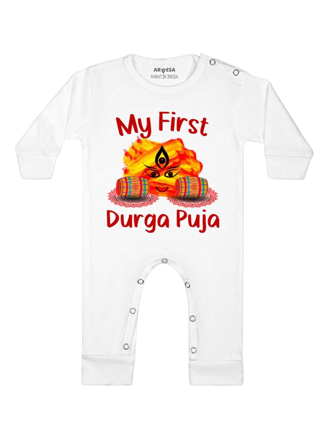 

Arvesa First Navratri Printed Baby Romper, White