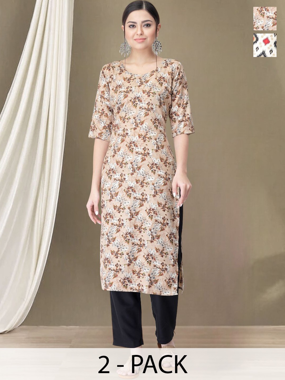 

Moda Rapido Selection Of 2 Floral Printed Round Neck Straight Kurta With Trousers, Beige
