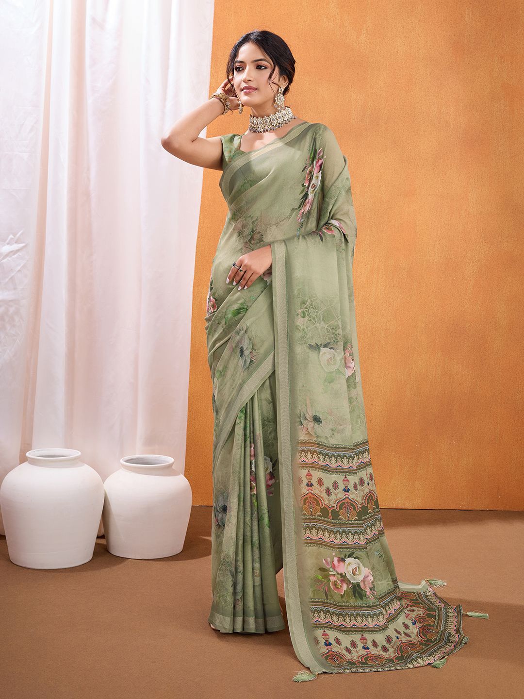 

Ishin Floral Zari Poly Crepe Saree, Green