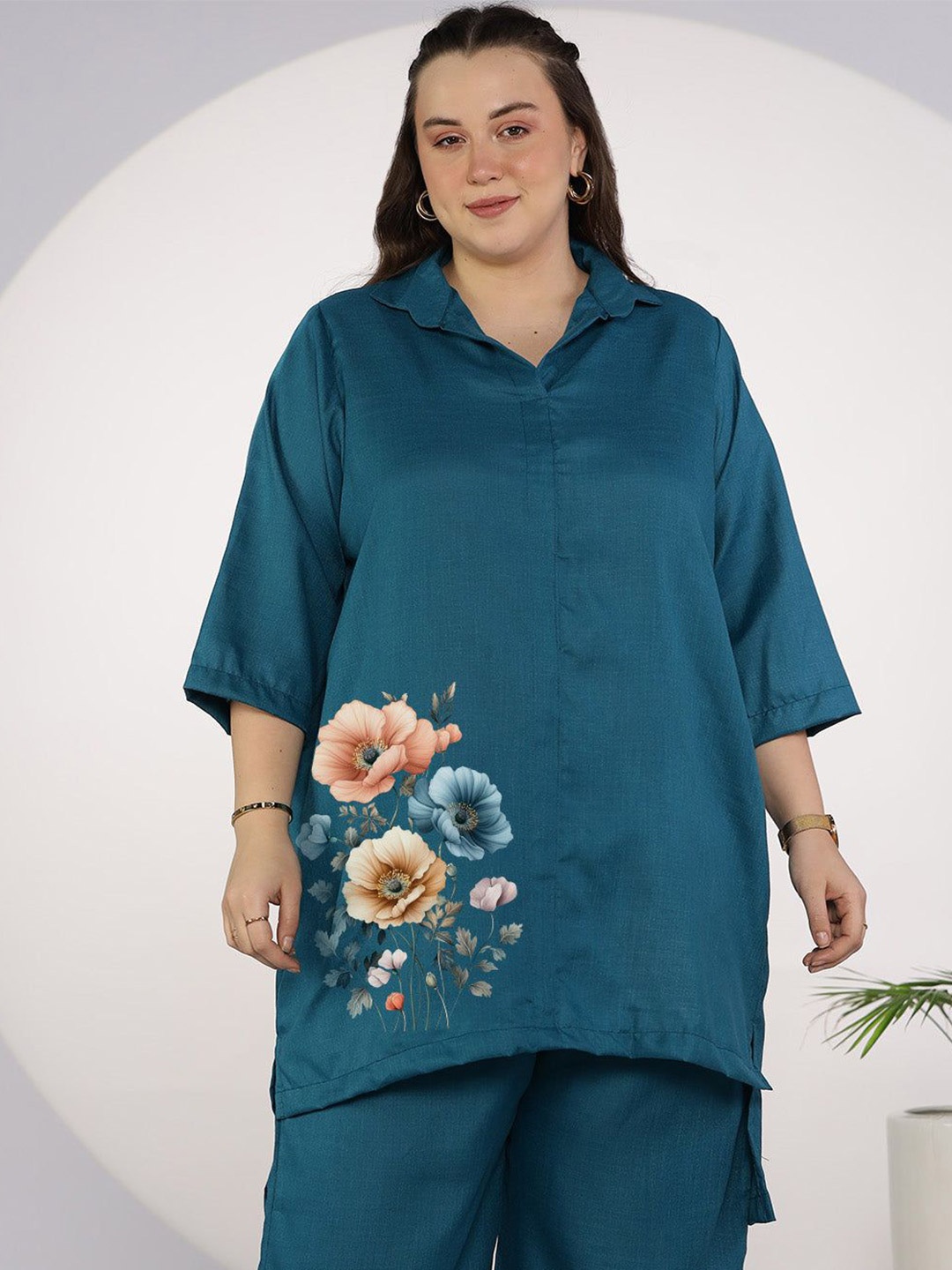

LetsDressUp WomenTeal CottonSlub ShirtTop - TropicalBlooms - XS, Teal