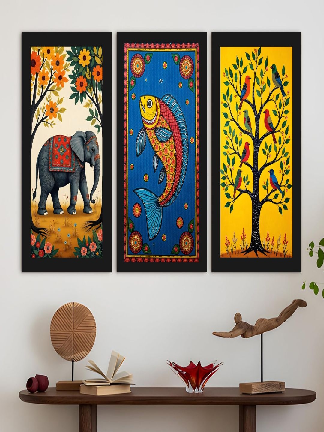 

CVANU Blue & Yellow 3 Pieces Birds And Animals Madhubani Canvas Wall Art