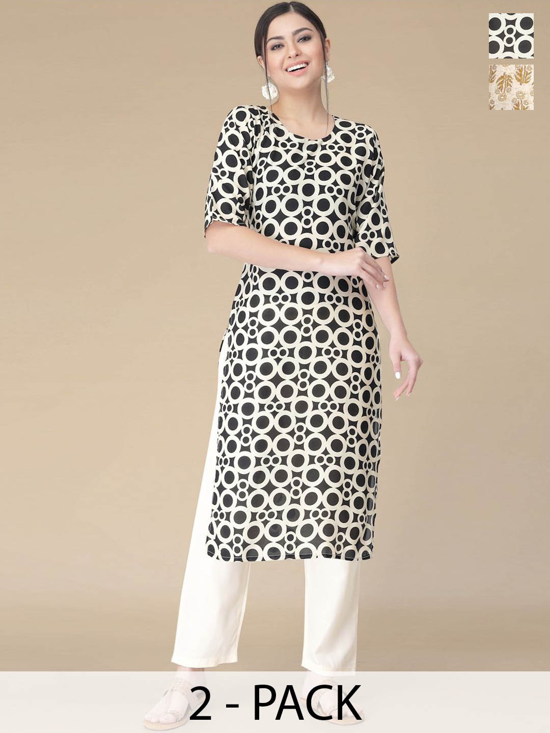 

Moda Rapido Selection of 2 Geometric Printed Straight Kurtas With Trousers, Black