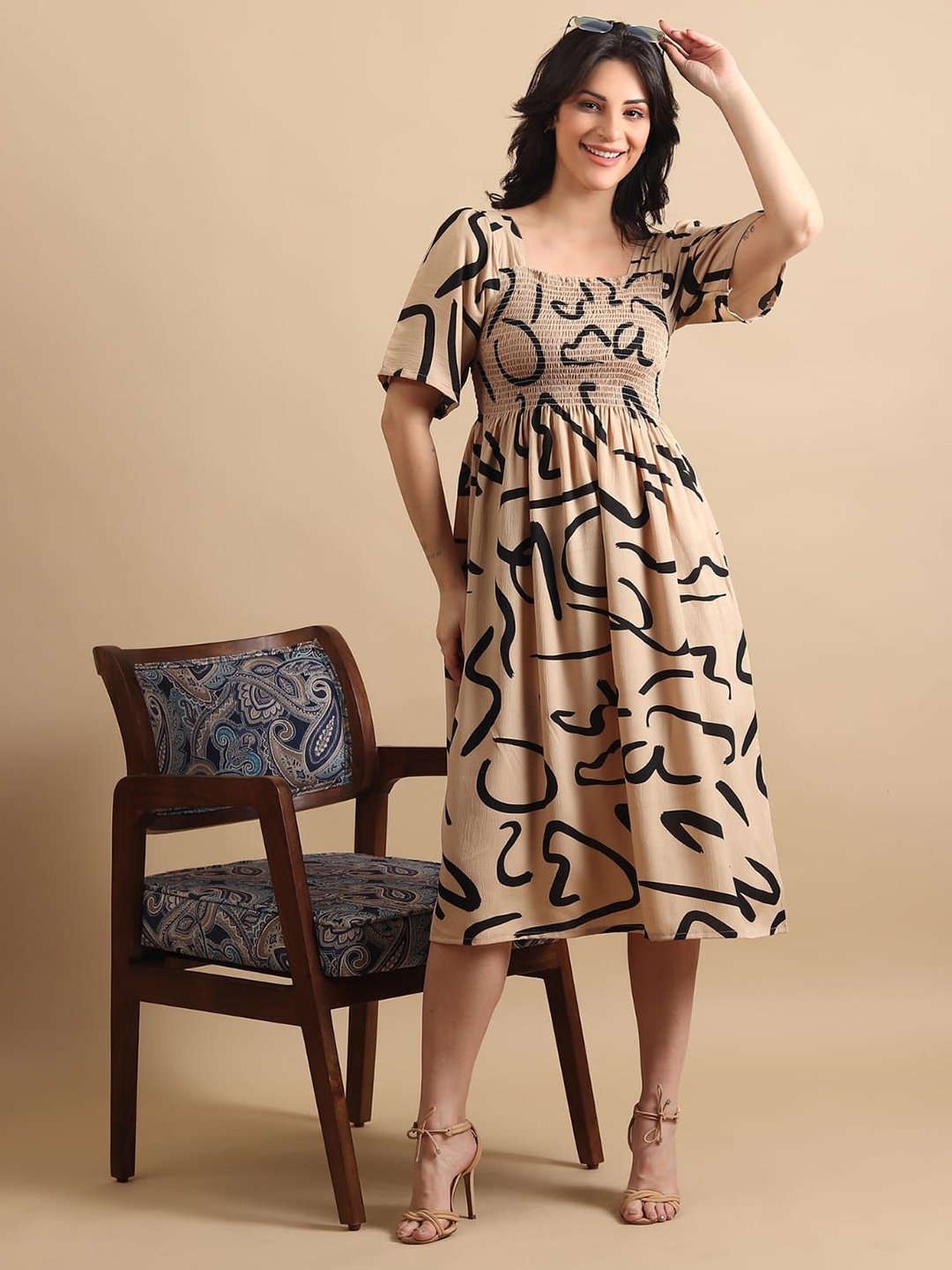 

CROWN CREATION Print Ruffled Crepe Fit & Flare Dress, Brown