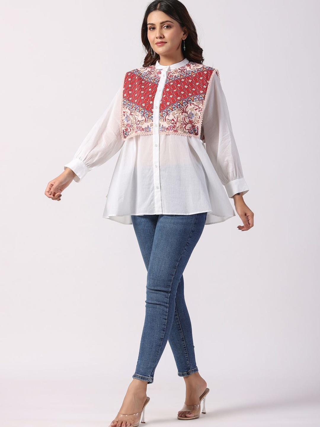 

STIL O STITCH Geometric Print Mandarin Collar Cotton Top, White