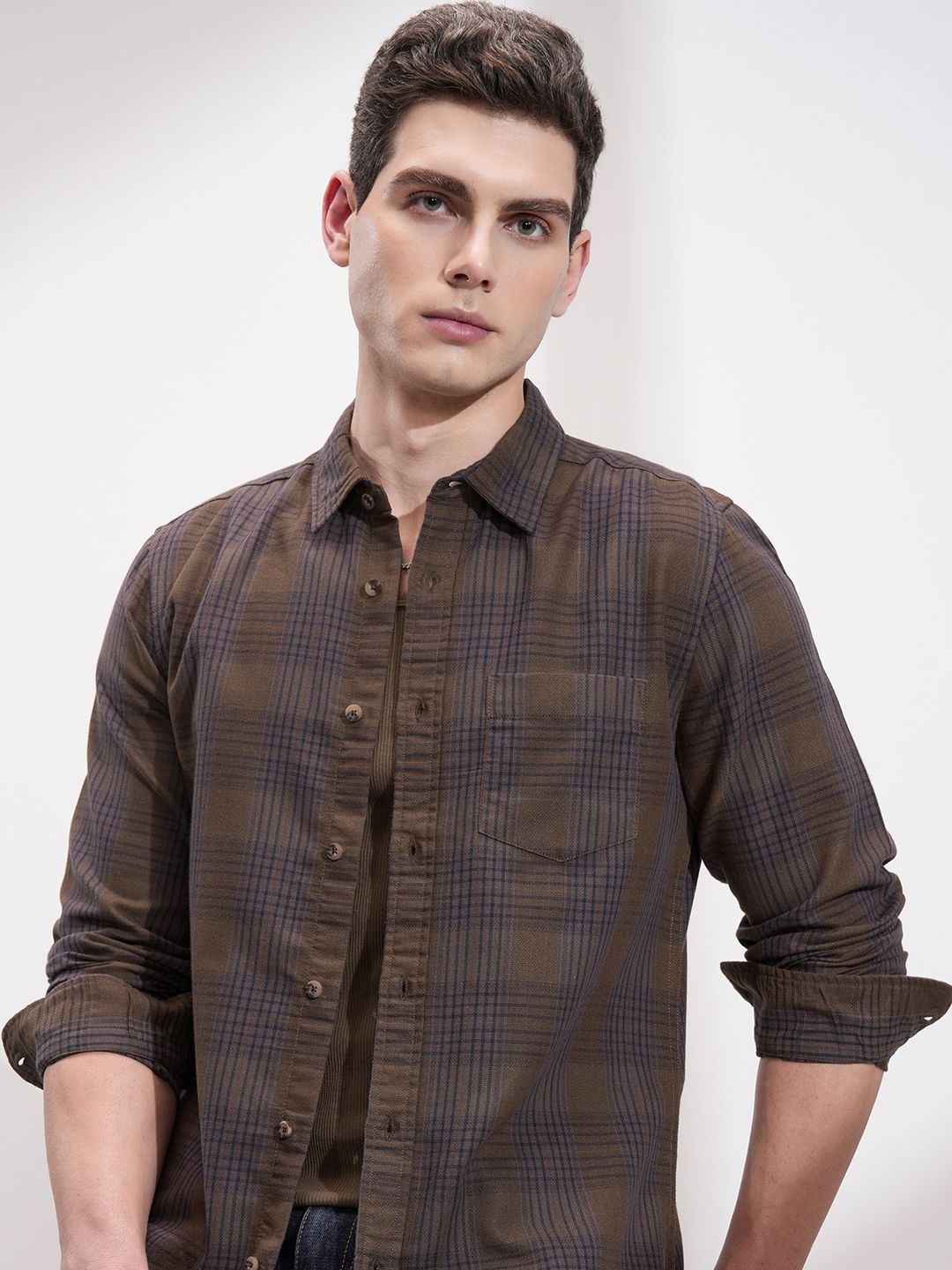 

HIGHLANDER Men Slim Fit Opaque Checked Casual Shirt, Khaki