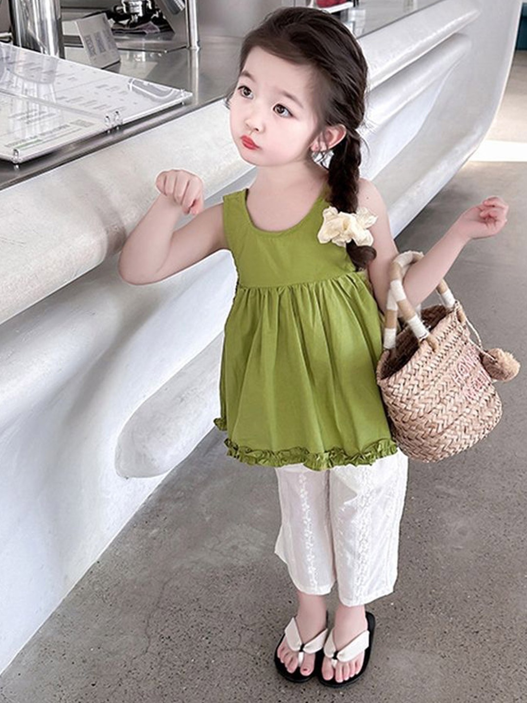

LULU & SKY Girls Round Neck Pure Cotton Top With Trousers, Green