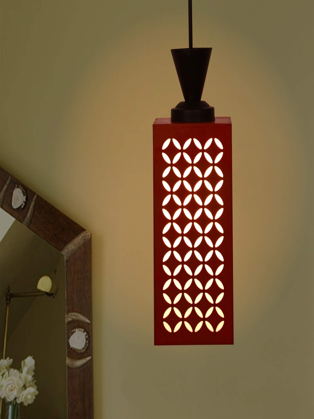 

Gojeeva Red & Black Textured Rectangle Shaped Wooden Hanging Wall Lamp