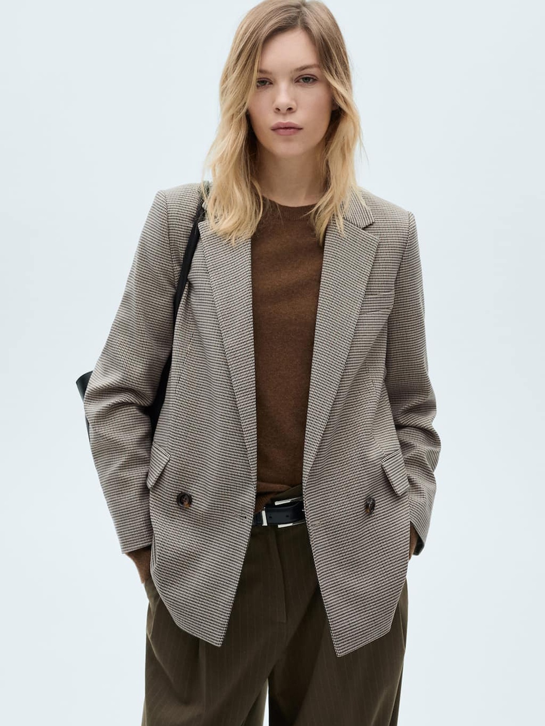 

MANGO Double-Breasted Notched Lapel Houndstooth Blazer, Beige