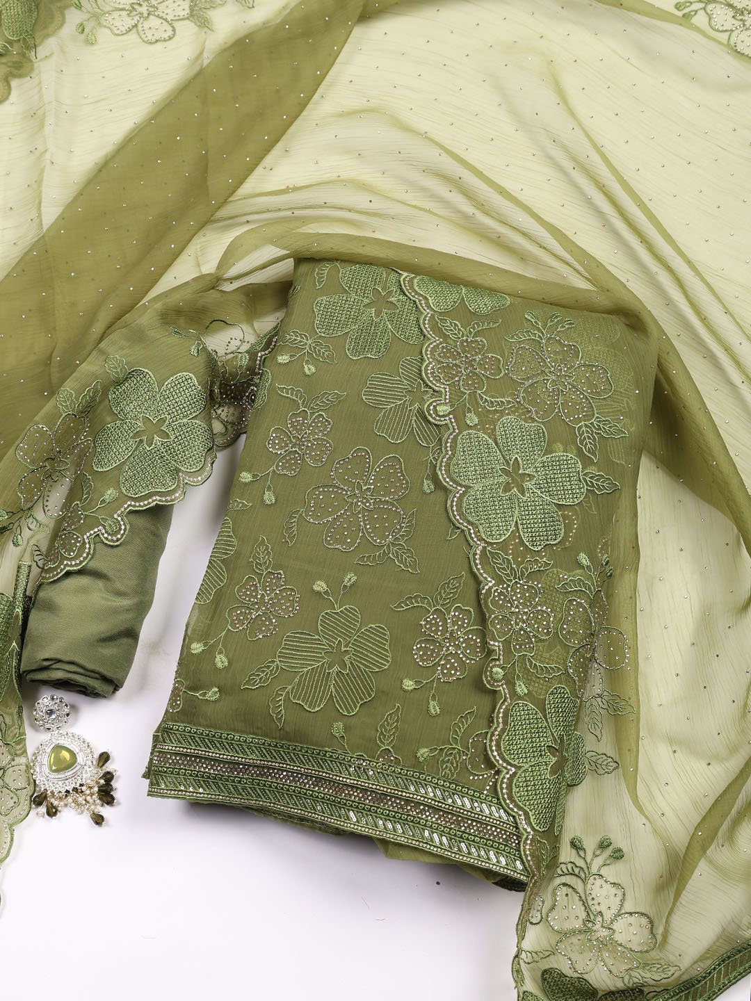 

Meena Bazaar Embroidered Organza Unstitched Dress Material, Green