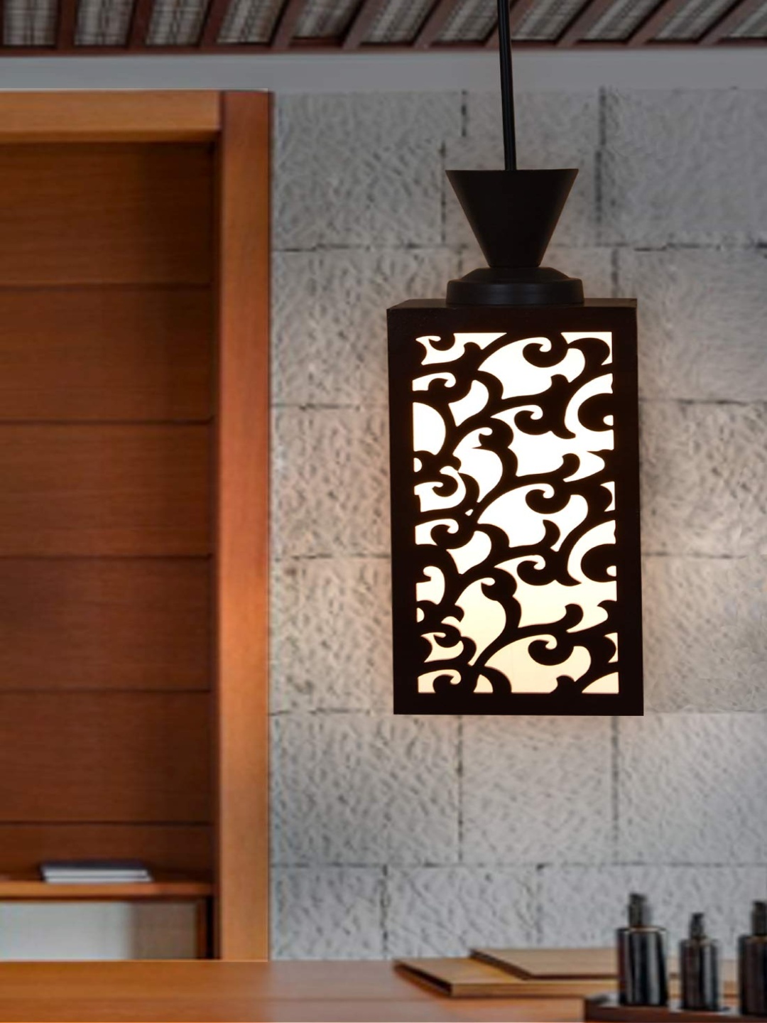 

Gojeeva Black & White Textured Rectangle Shaped Wooden Hanging Ceiling Lamps