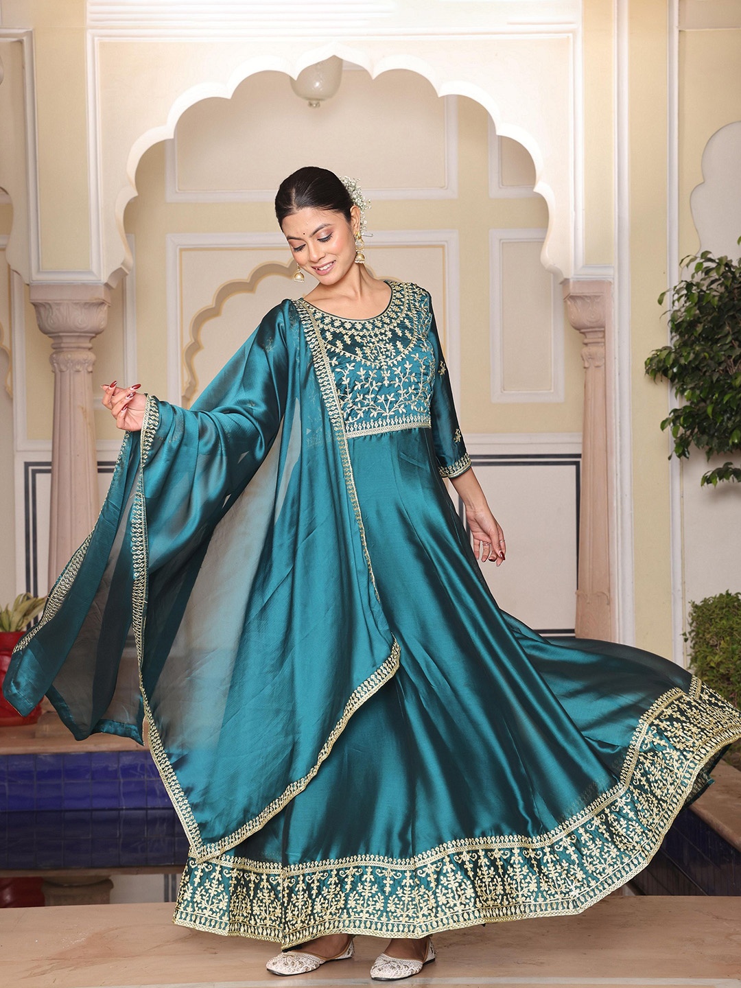 

KALINI Floral Embroidered Zari Work Semi-Stitched Dress Material, Teal