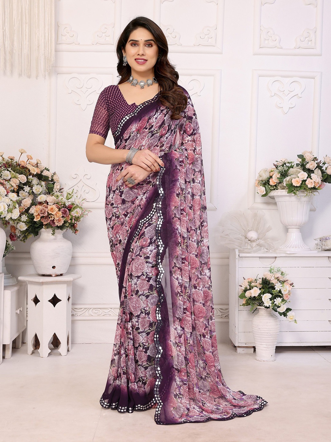 

Moda Rapido Floral Mirror Work Pure Georgette Saree, Pink