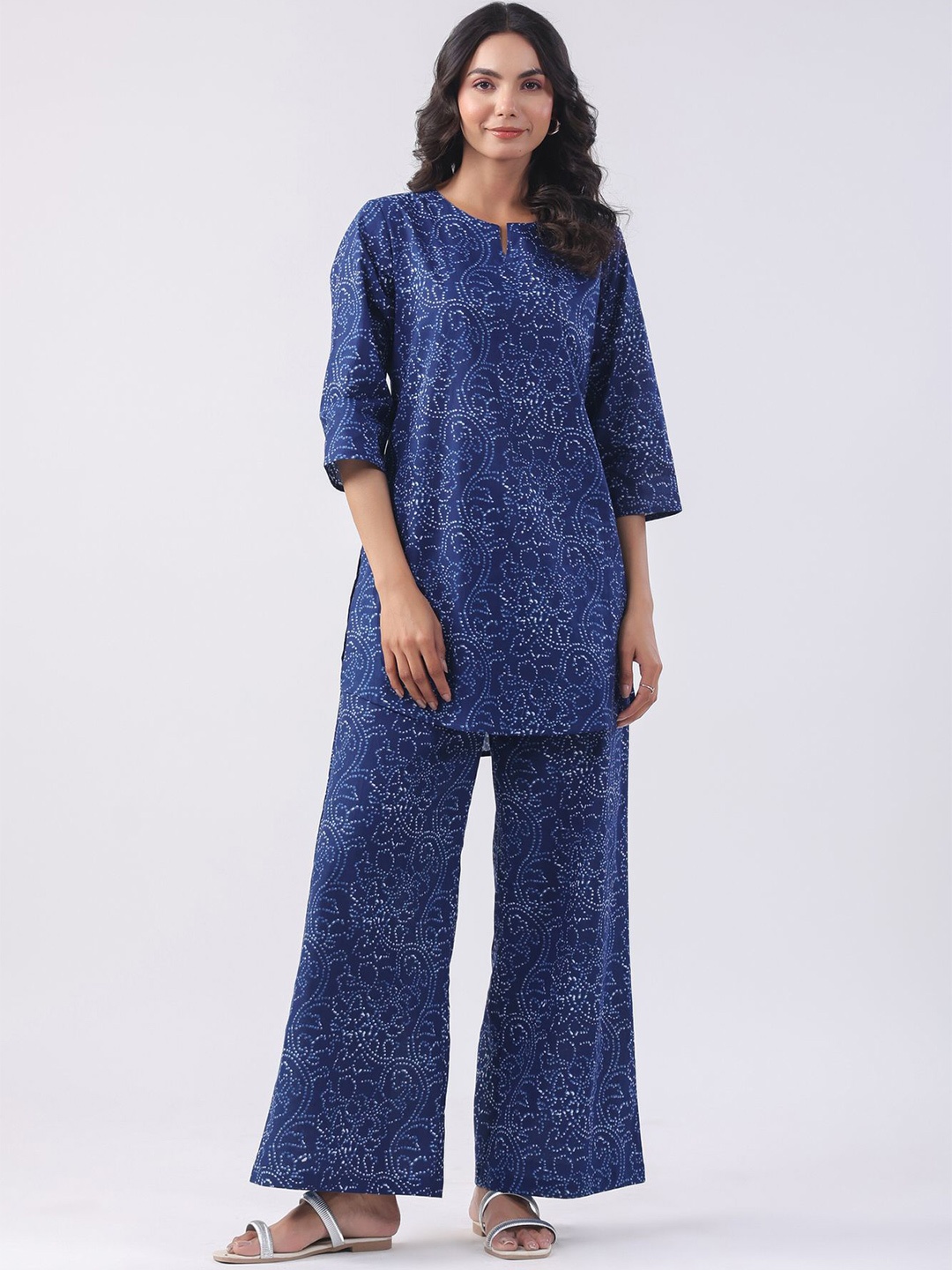 

JISORA Printed Round-Neck Pure Cotton Tunic With Palazzos Co-Ords, Blue
