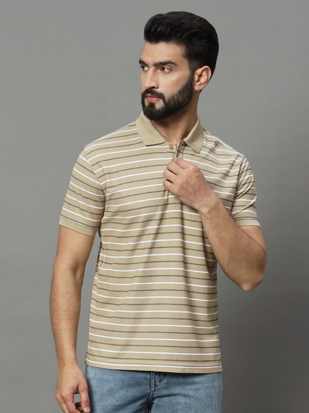 

UNIBERRY Men Striped Polo Collar T-shirt, Beige