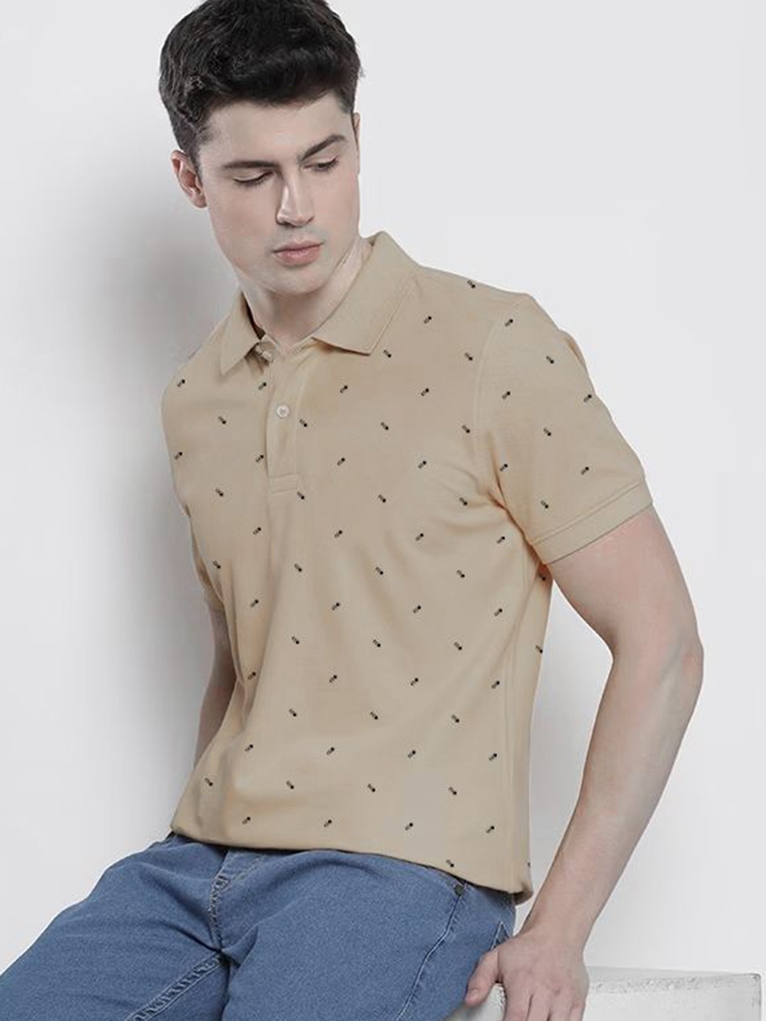 

MERRIMENT Men Conversational Printed Polo Collar Cotton T-shirt, Beige