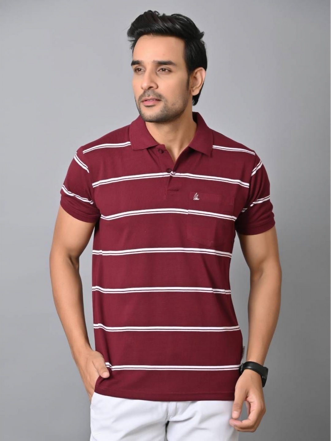 

ARBOUR Men Striped Polo Collar Cotton Slim Fit T-shirt, Maroon