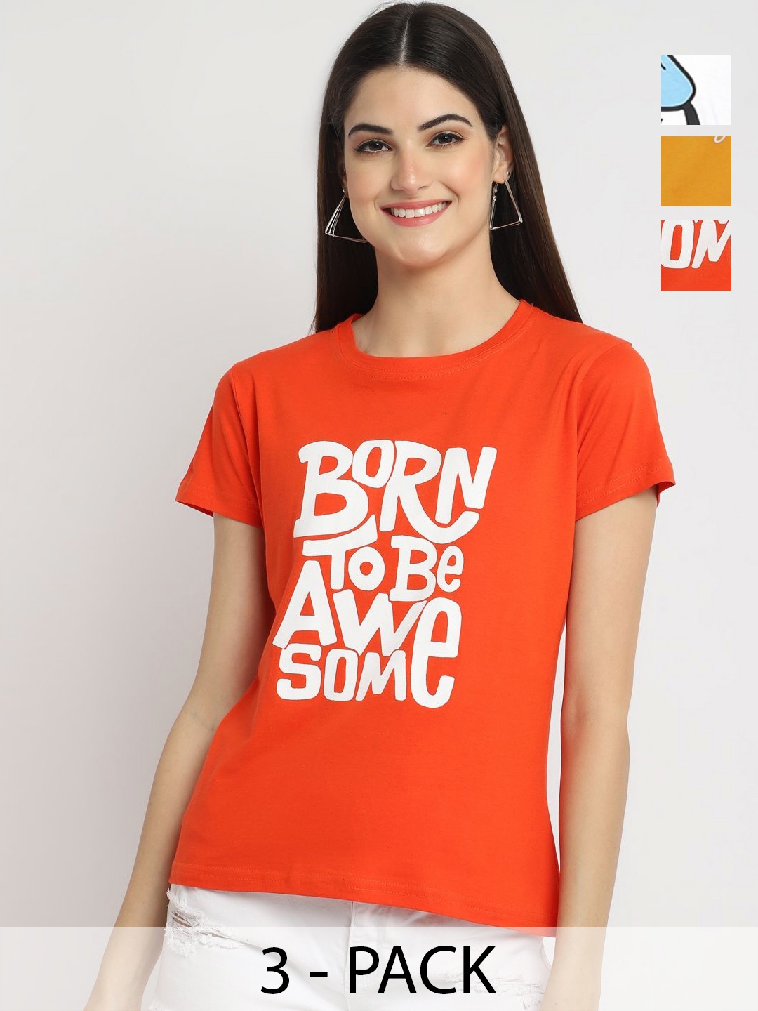 

Dreambe Women Pack Of 3 Typography Printed Round Neck Cotton T-shirts, Orange