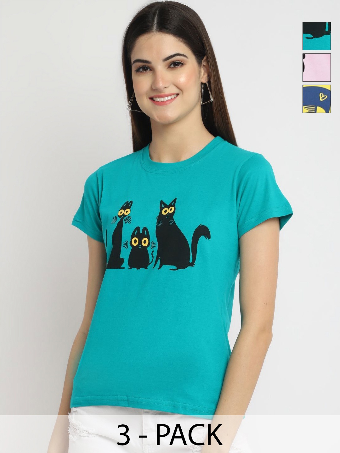 

Dreambe Women Pack Of 3 Typography Printed Round Neck Cotton T-shirts, Blue