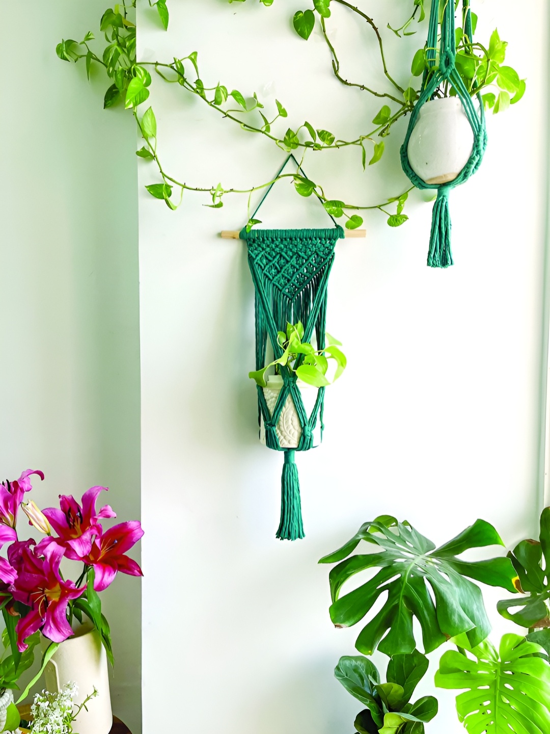 

Story of Knots Teal Blue Pure Cotton Macrame Wall Hanging Planter