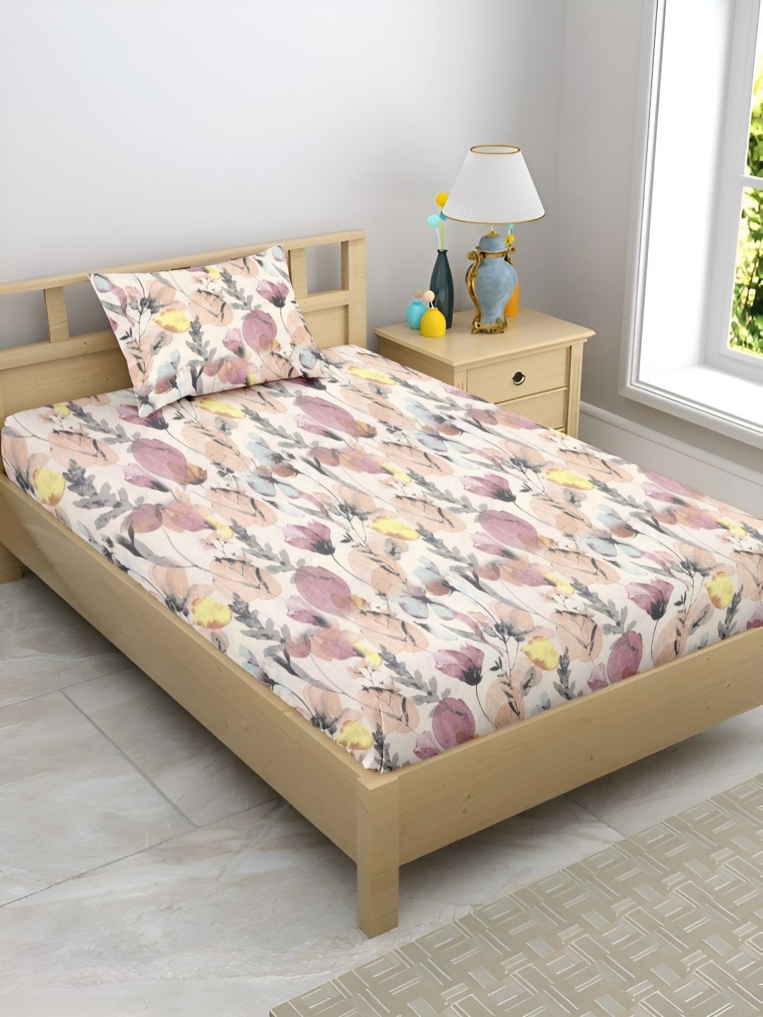 

Enchant Home Cream & Purple Floral 210 TC Cotton Single Bedsheet Set