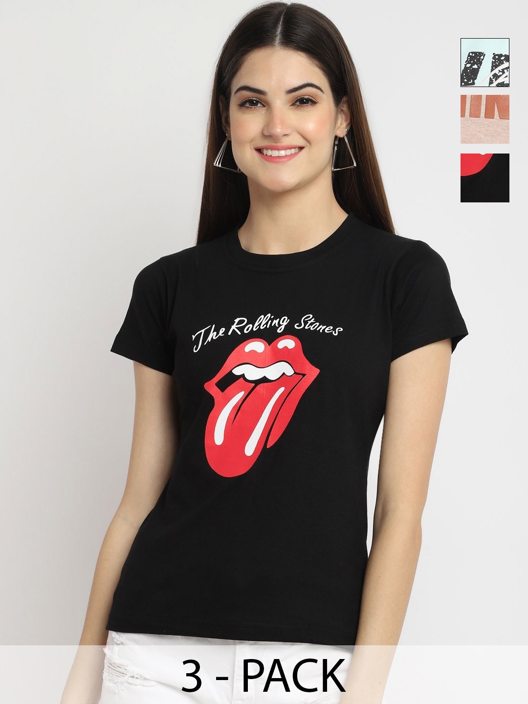 

Dreambe Women Pack Of 3 Typography Printed Round Neck Cotton T-shirts, Black