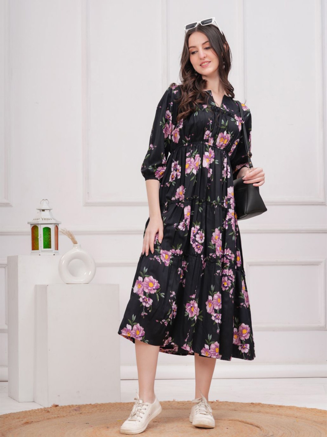 

BAESD Floral Crepe Formal Fit & Flare Midi Dress, Black