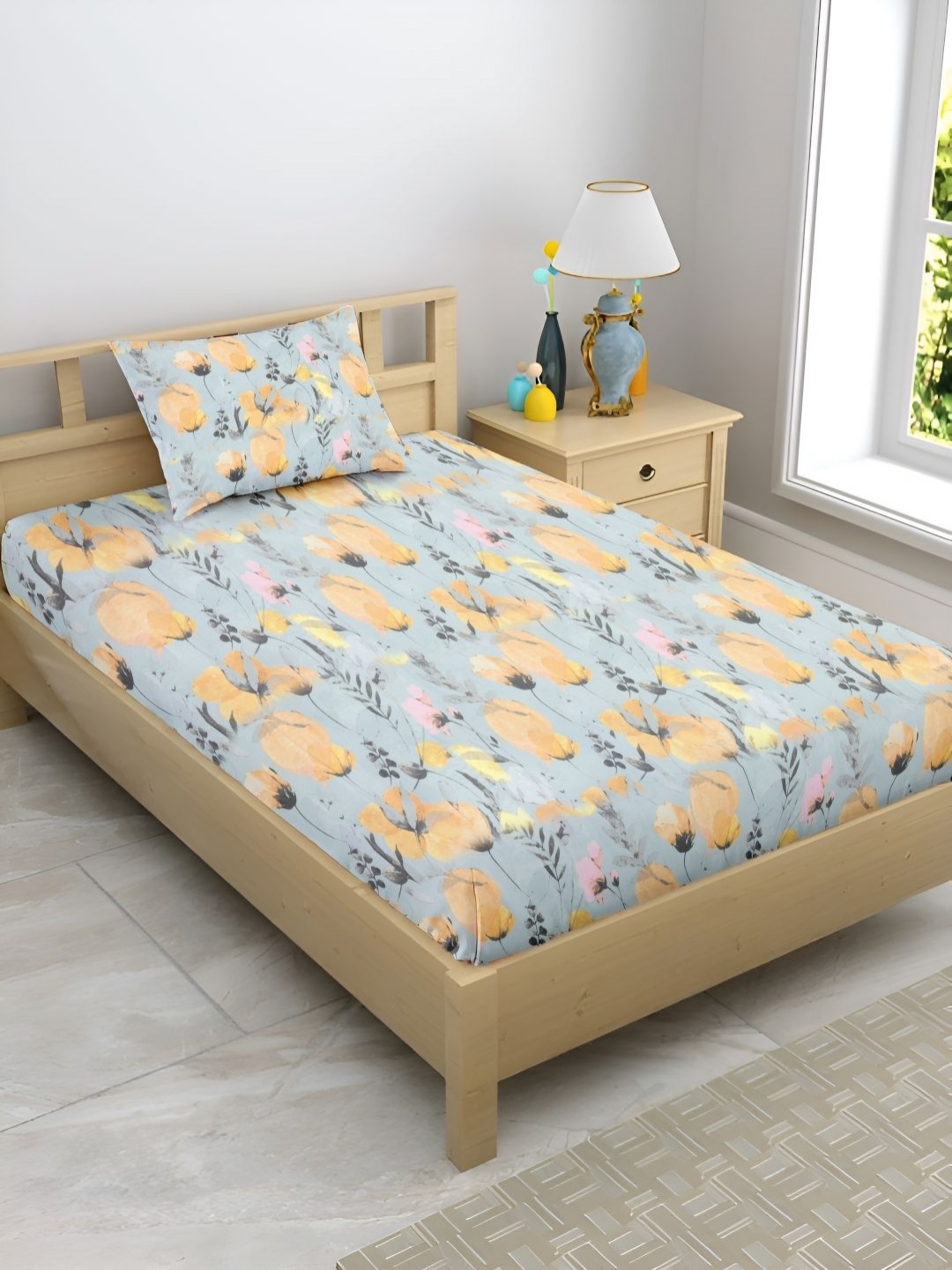 

Enchant Home Satin Glory Single Grey Floral Printed 210 TC Cotton Single Bedsheet Set