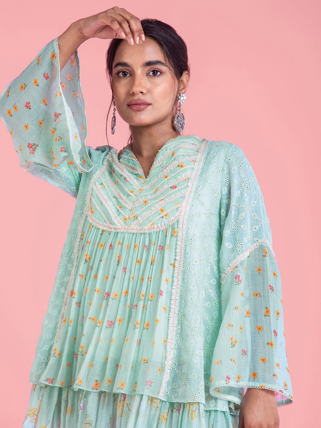 

SAUNDH Women Floral Printed Mandarin Collar Layered Cotton Top, Blue